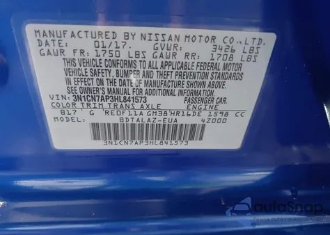 2017 Nissan Versa 1.6 S+ z USA, uszkodzony, nr VIN 3N1CN7AP3HL841573